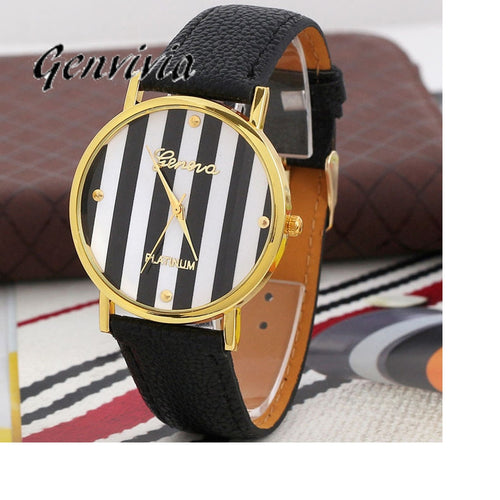 2017 Genvivia Brand 3color Quartz Watches Women Classic Stripes Print PU Leather Woman Man Analog Wrist Watch #T40 Gift - fridayhost